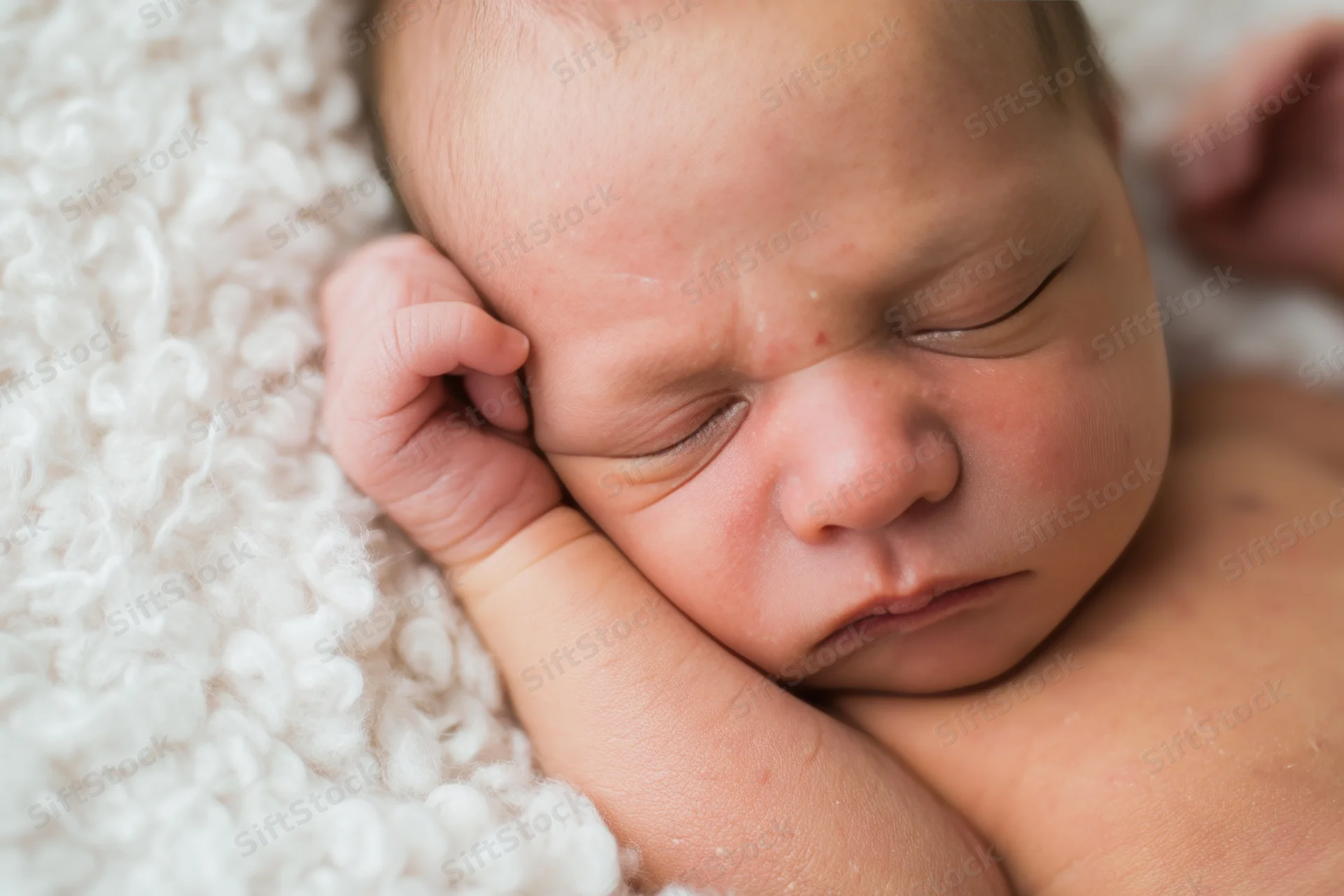 Newborn baby sleeping peacefully on a soft white fluffy blanket with hand near face