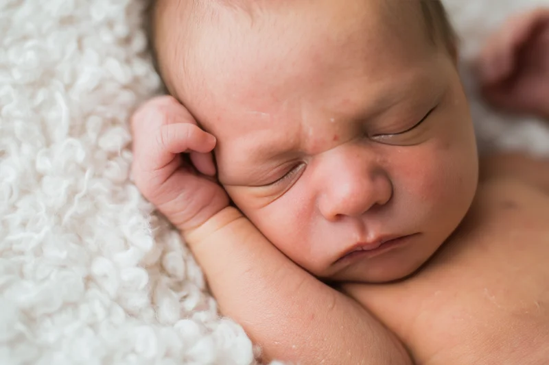 Newborn baby sleeping peacefully on a soft white fluffy blanket with hand near face