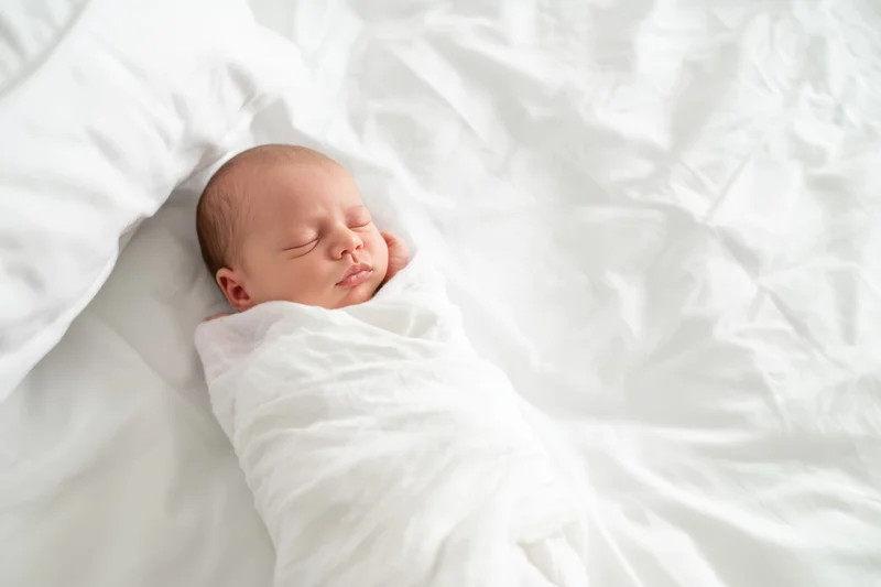 Newborn baby sleeping peacefully swaddled in white blanket on bed