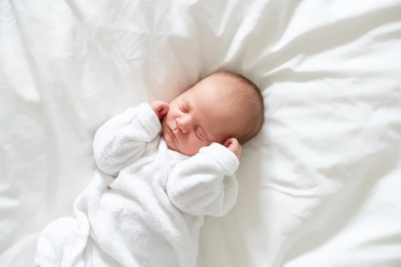 Newborn baby sleeping peacefully on white blanket in bed