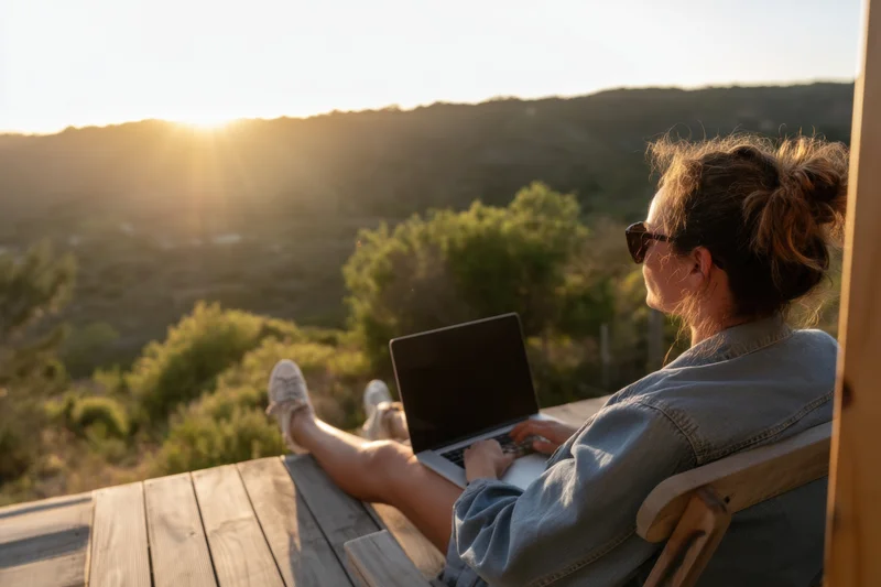 Woman working on laptop while lounging on wooden balcony overlooking hills at sunset