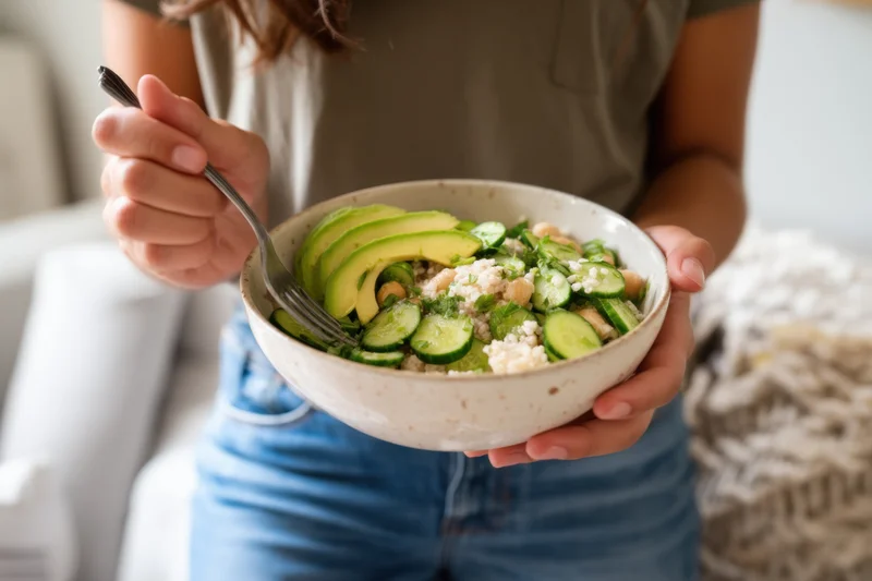 Woman holding a ceramic bowl of avocado and cucumber salad while eating at home