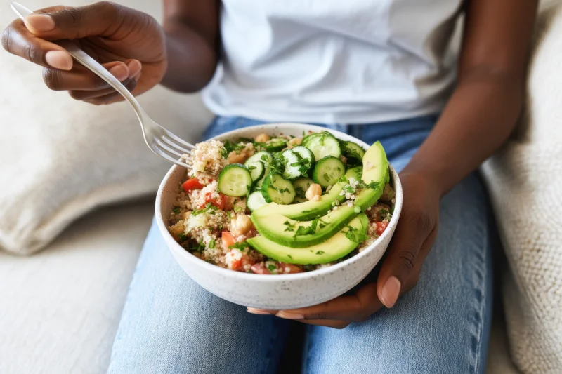 Woman eating a quinoa salad with avocado and cucumber from a ceramic bowl while sitting on a couch