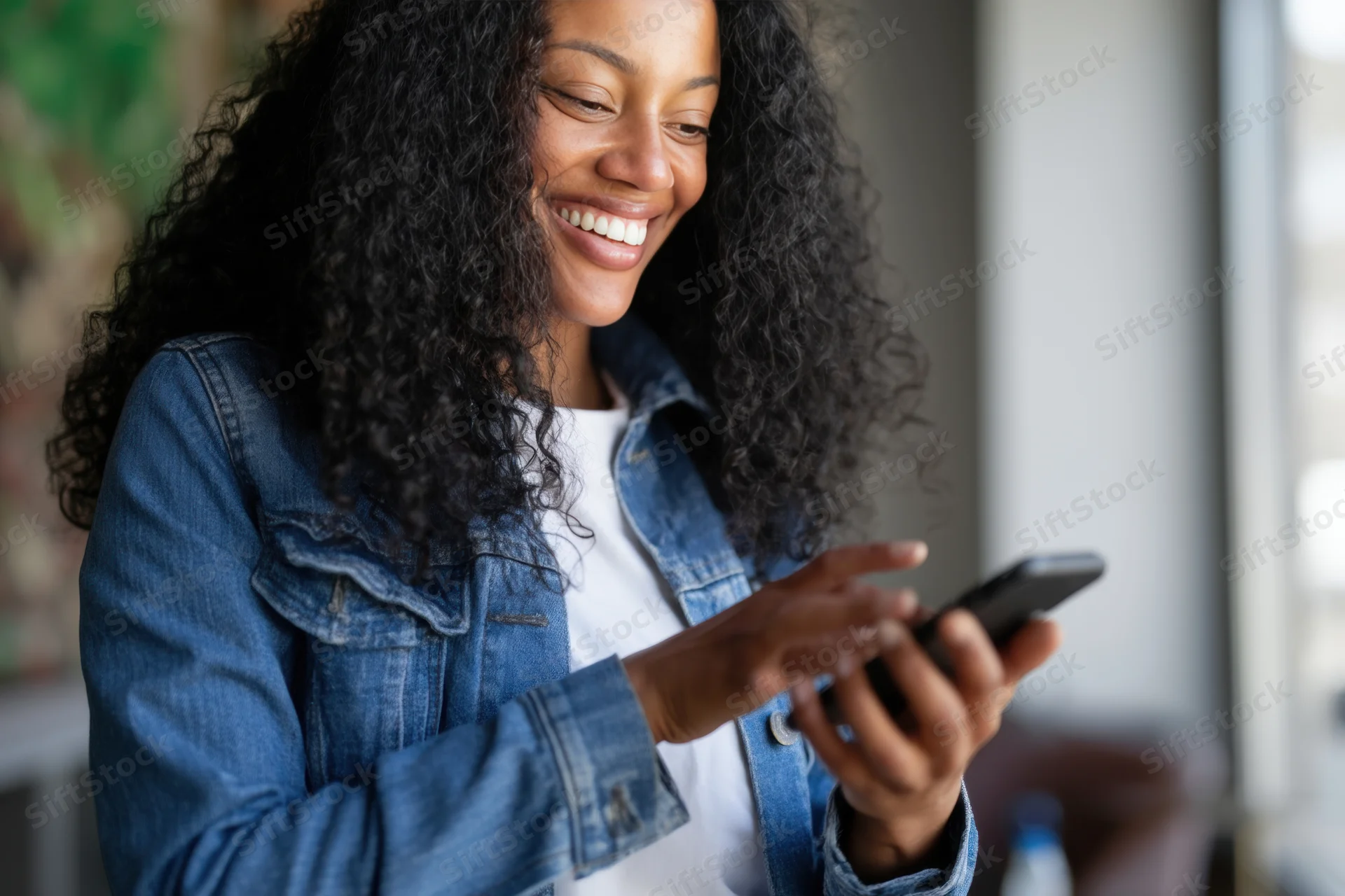 Smiling woman using smartphone while wearing denim jacket indoors