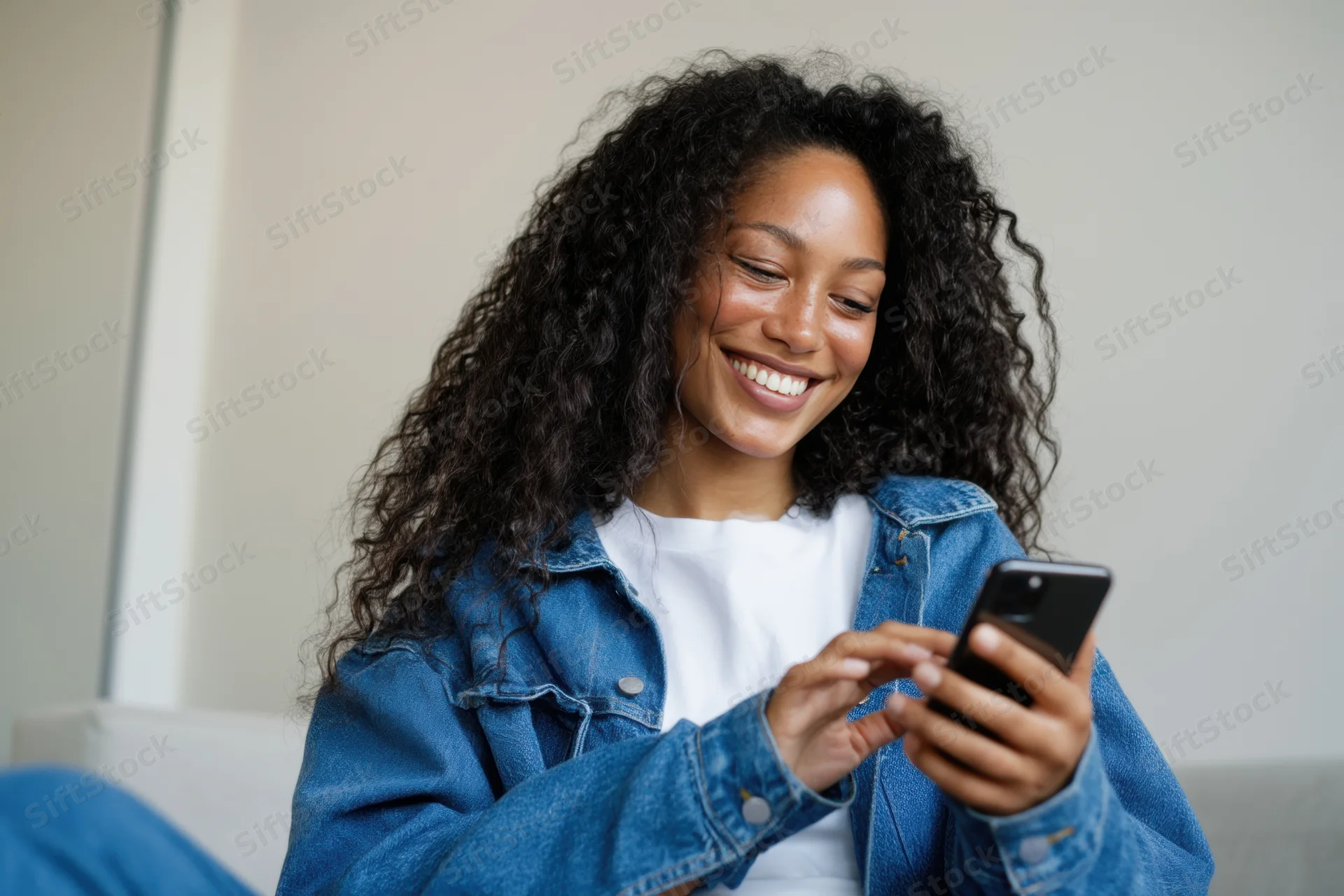 Woman smiling while using smartphone indoors, wearing denim jacket and white tshirt