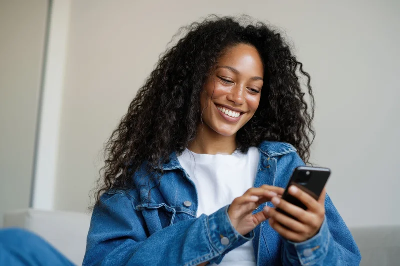 Woman smiling while using smartphone indoors, wearing denim jacket and white tshirt