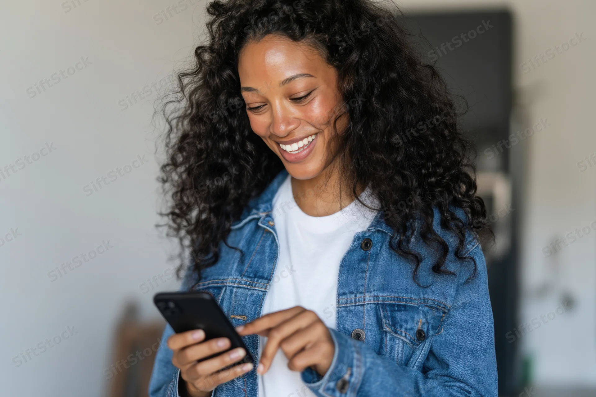 Young woman smiling while texting on smartphone indoors