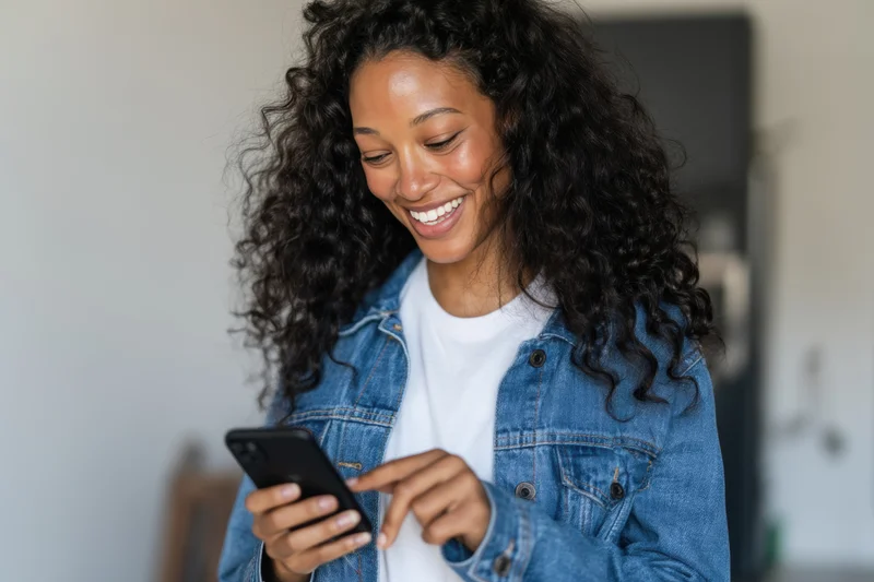 Young woman smiling while texting on smartphone indoors