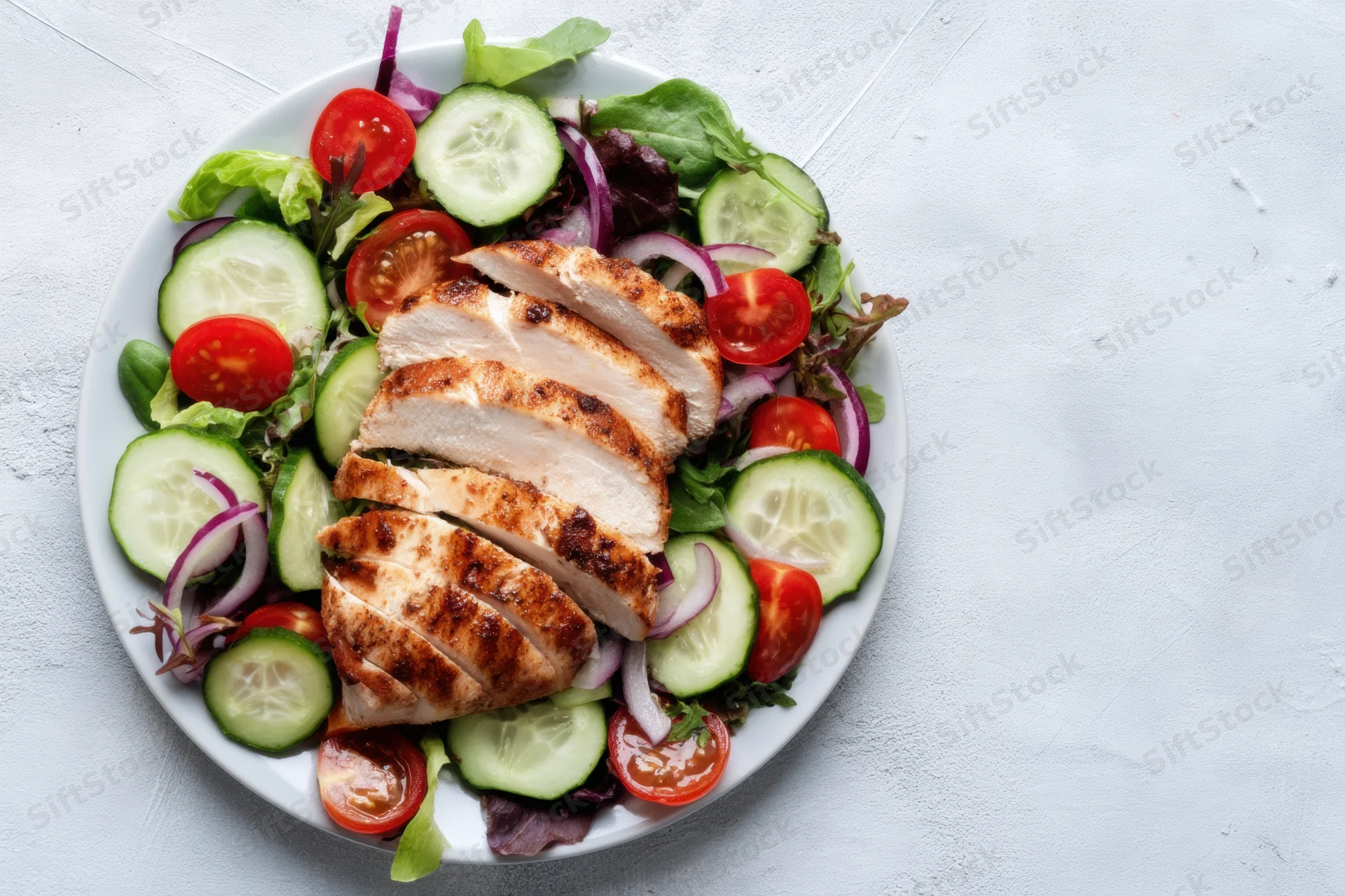 Grilled chicken slices on a mixed vegetable salad served on a white plate