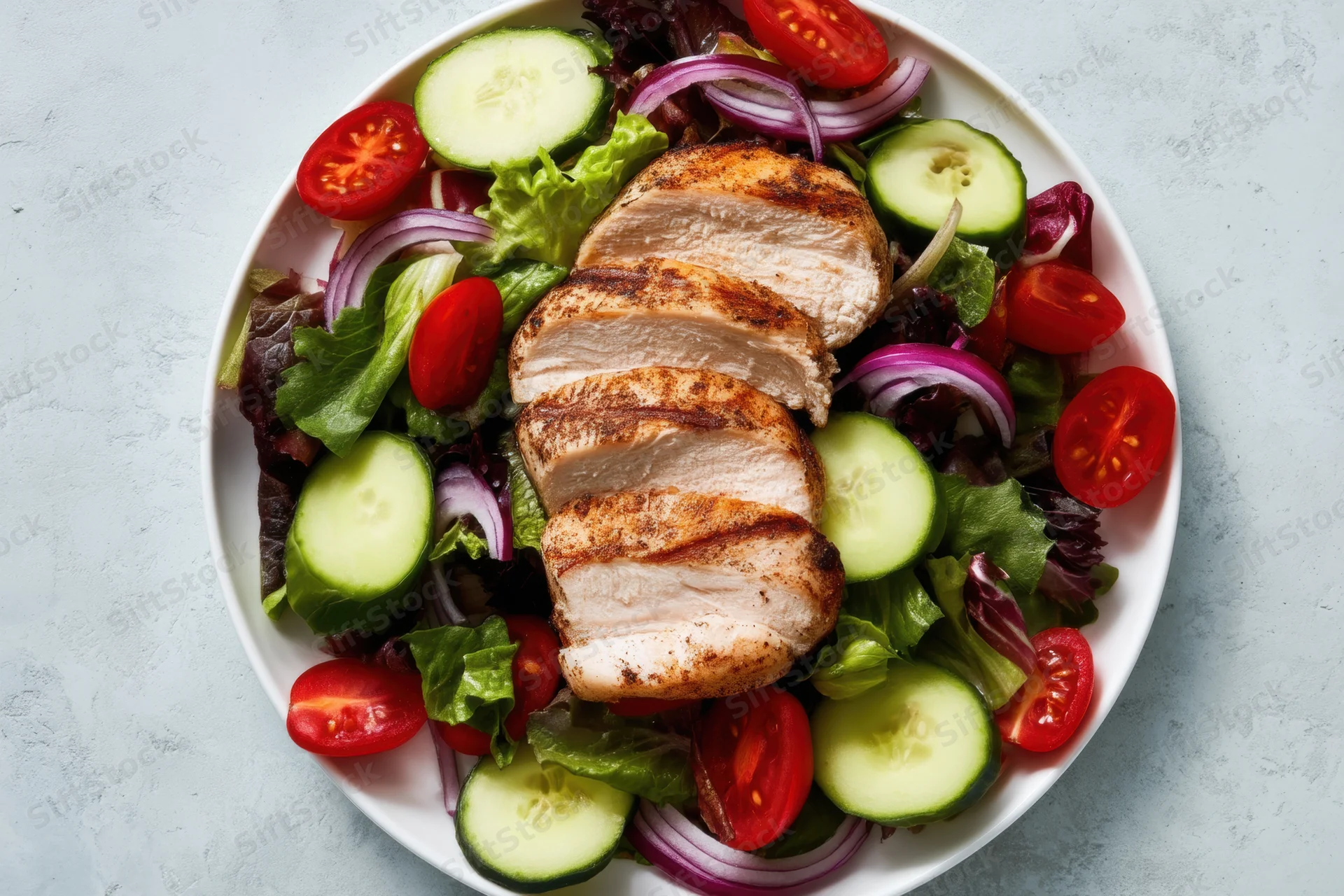 Grilled chicken slices on a mixed vegetable salad in a white plate