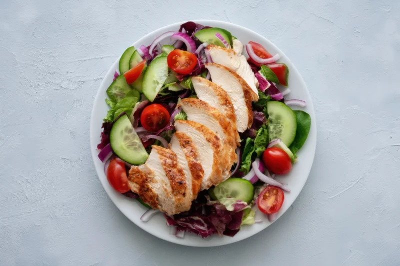 Grilled chicken slices on a mixed vegetable salad served on a white plate