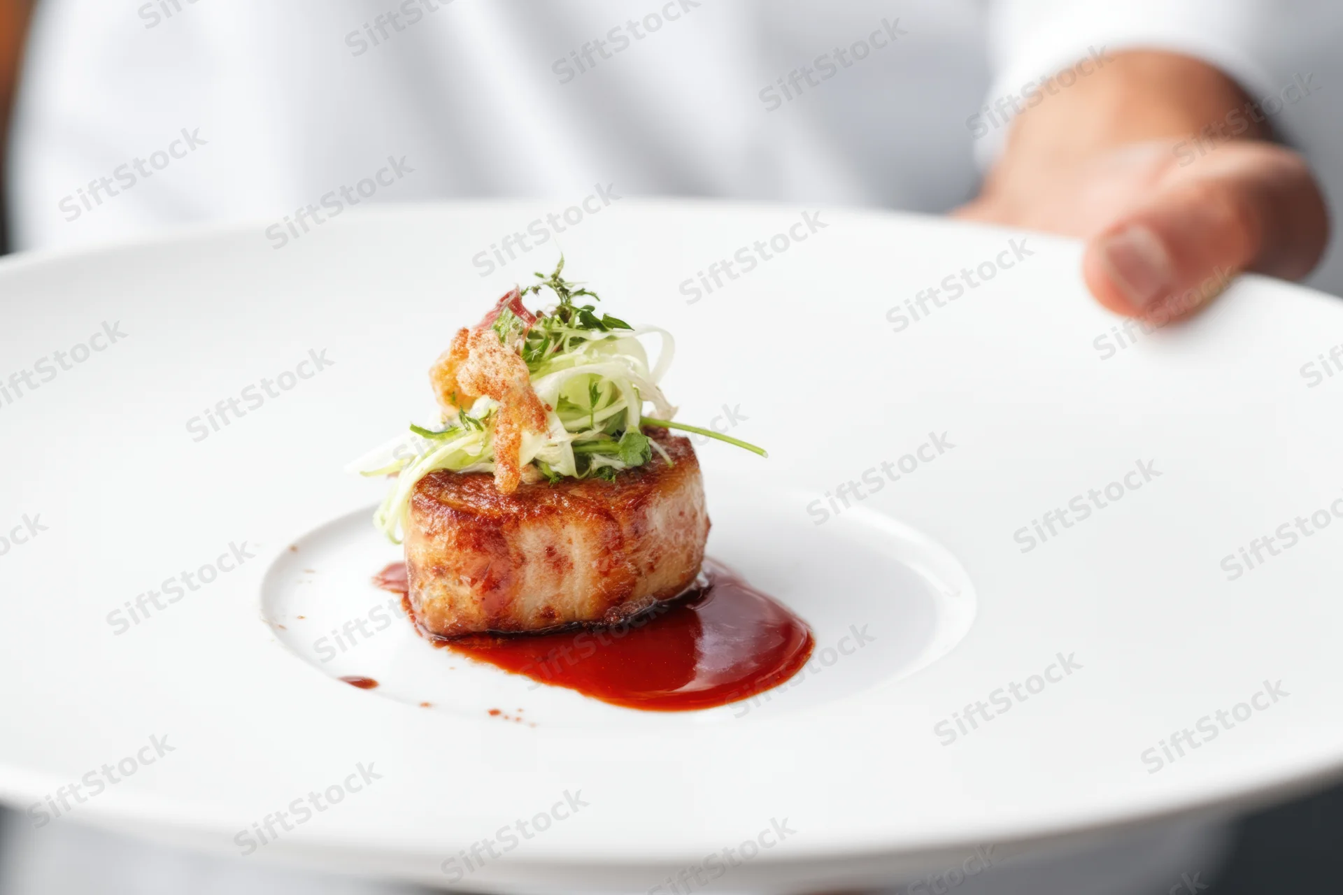 Chef presenting a seared meat medallion with red sauce and herb garnish on a white plate