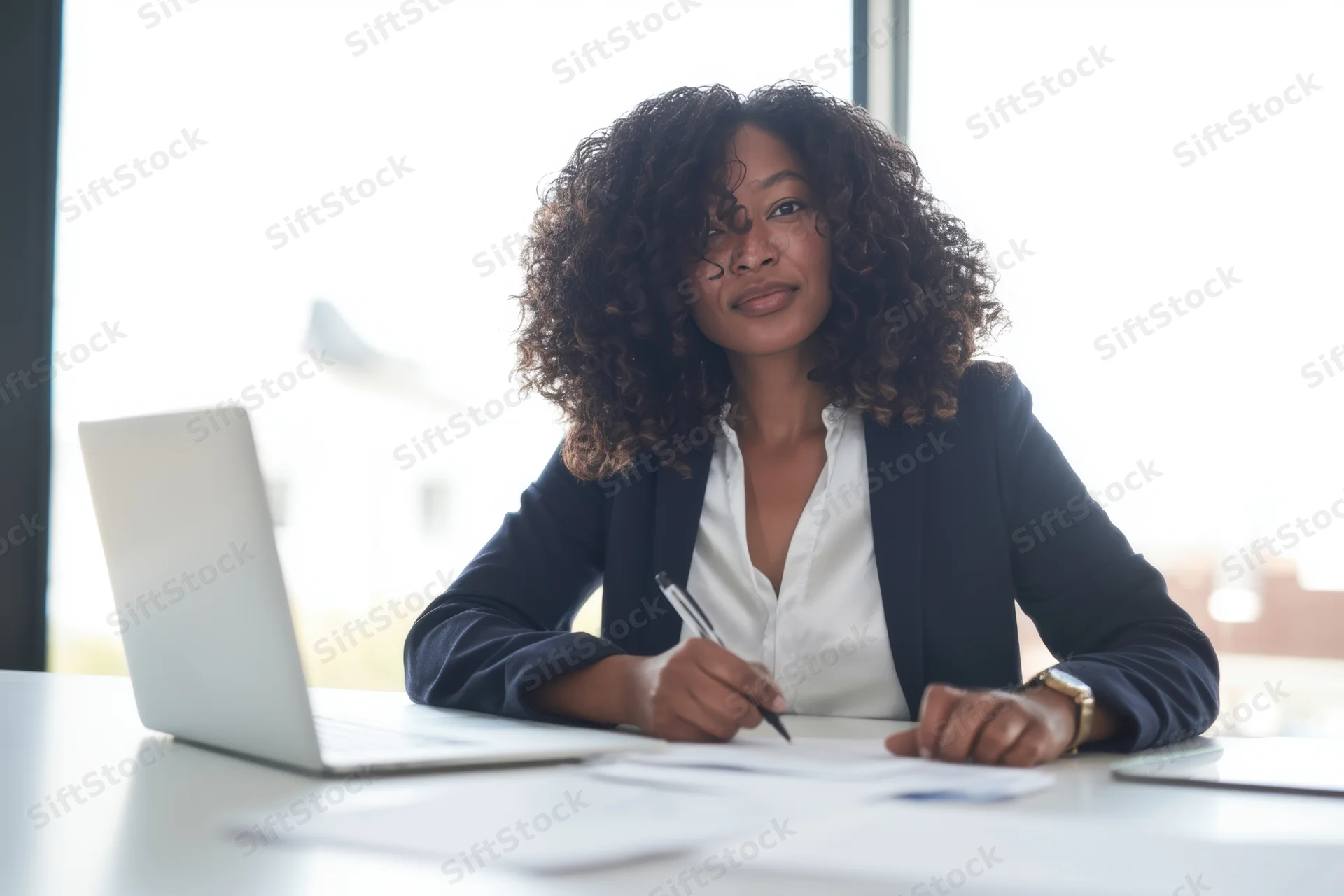 Woman in dark blazer writing with pen at desk in office near window
