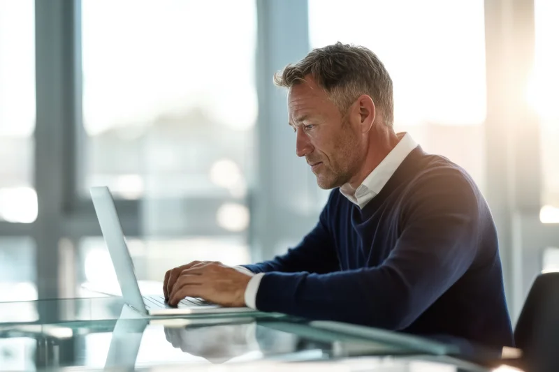 Man working on laptop at glass desk in modern office with sunlight through window
