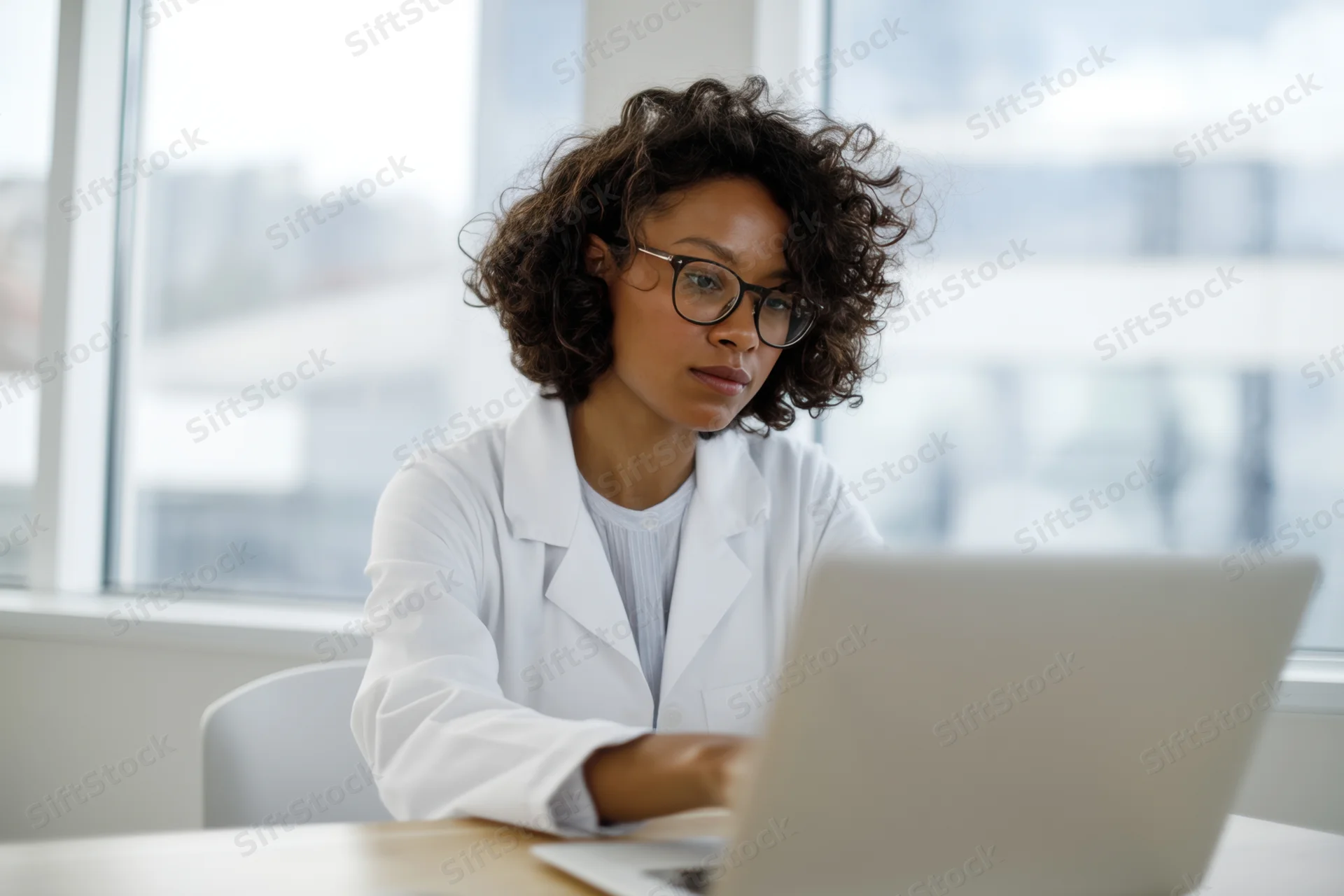 Woman in lab coat typing on laptop at office desk