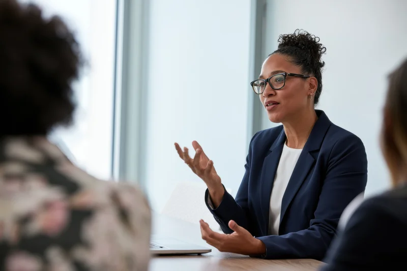 Woman in navy blazer speaking and gesturing during office meeting with colleagues at table