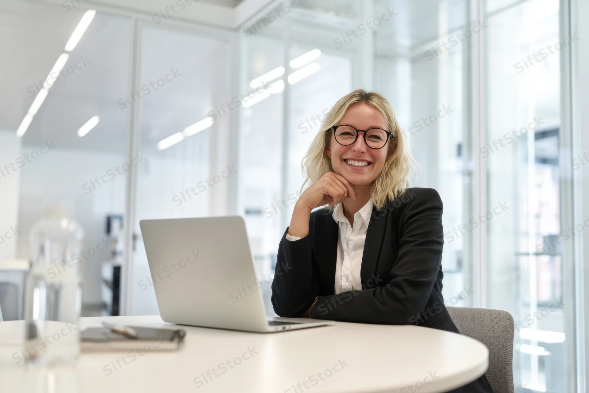 Woman smiling at desk with laptop in modern office
