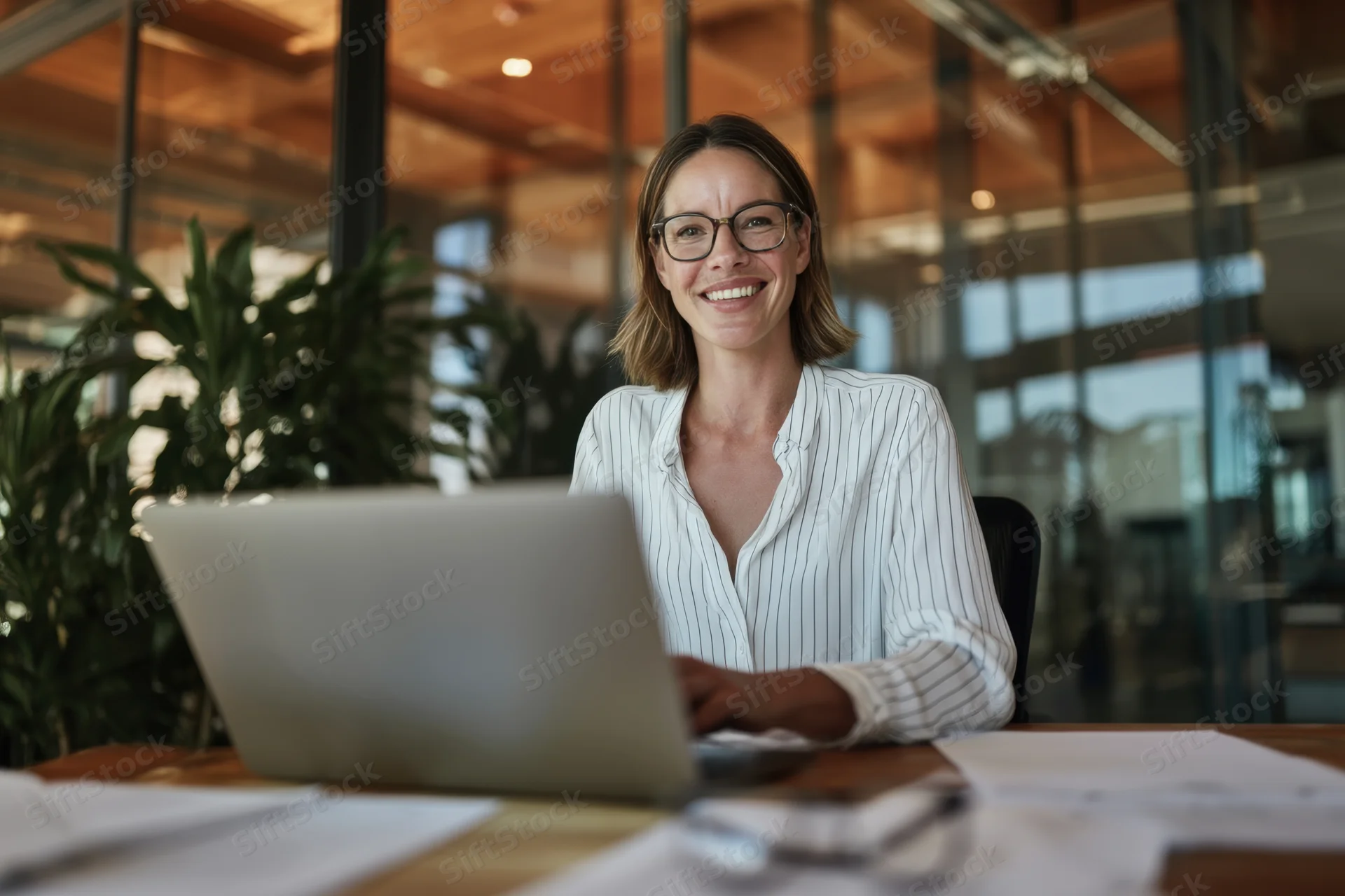 Woman smiling at camera while working on laptop at office desk