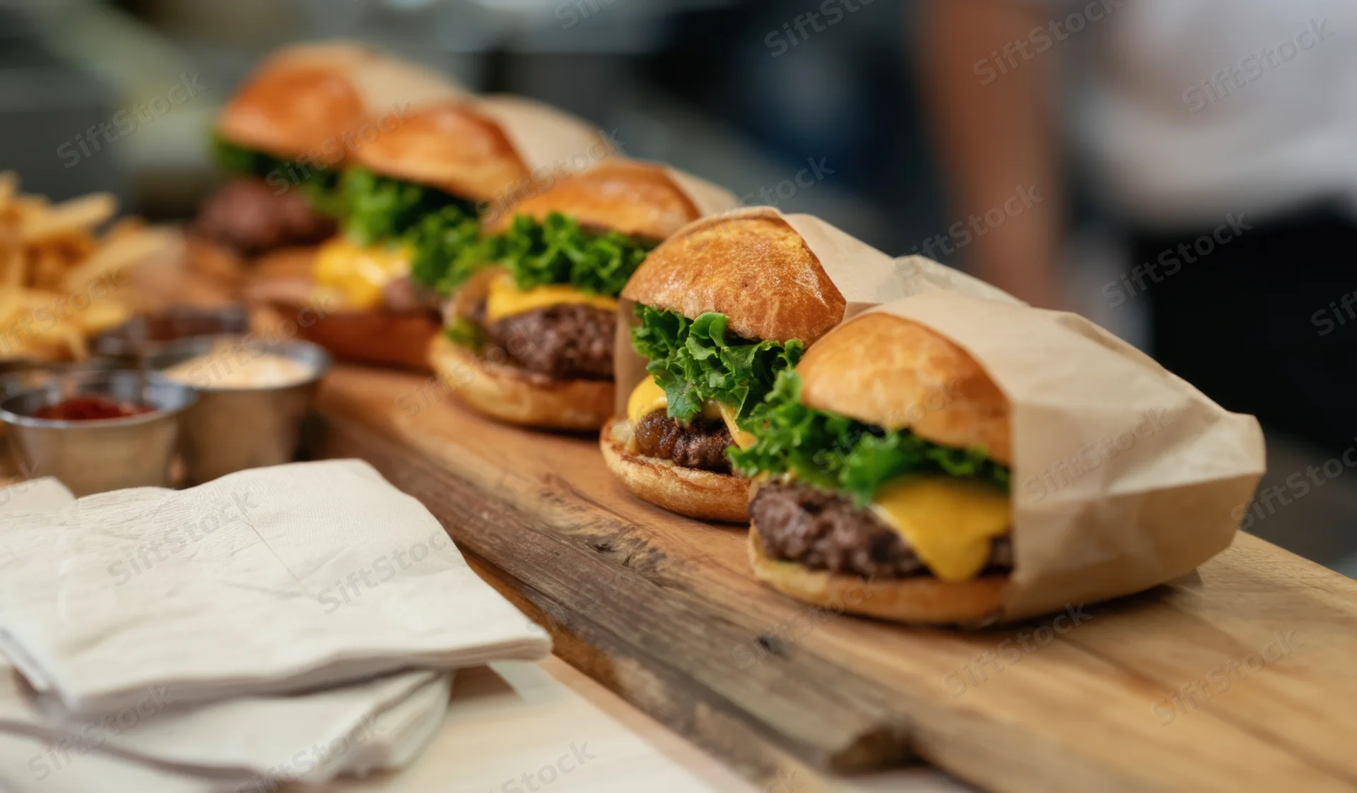 Row of cheeseburgers wrapped in parchment paper on wooden counter with condiments and napkins