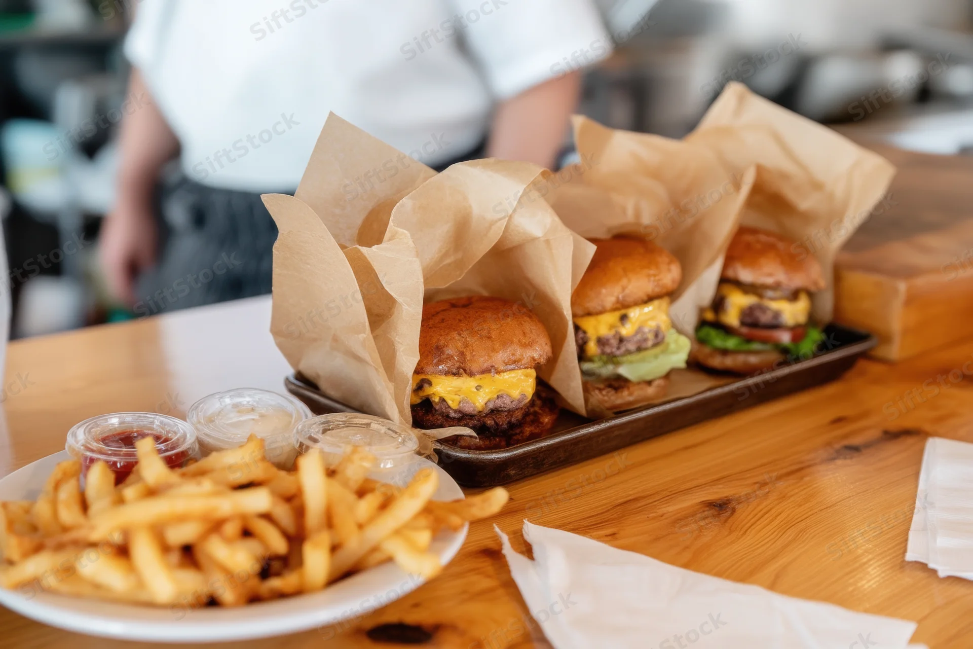 Row of cheeseburgers wrapped in parchment on wooden counter with fries and condiments nearby