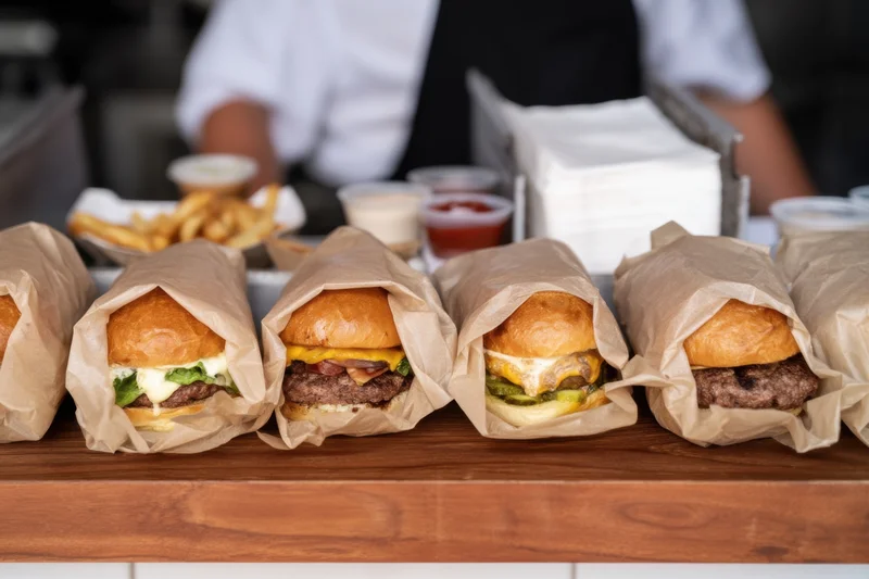 Row of burgers wrapped in parchment paper on wooden counter with chef in background