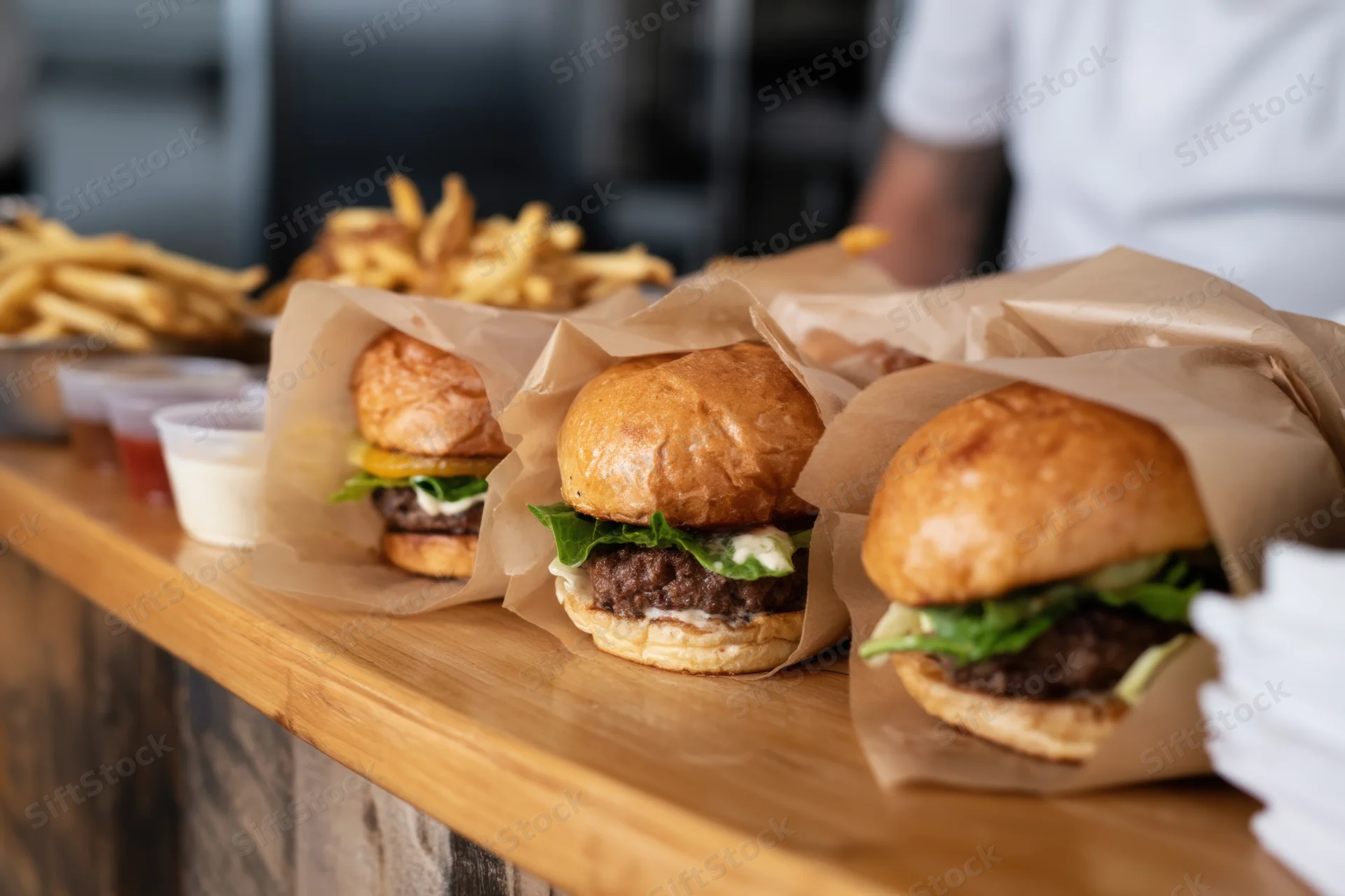Row of burgers wrapped in parchment on wooden counter with fries and condiments in background