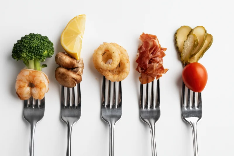 Five forks each holding a different food bite arranged in a row on white background
