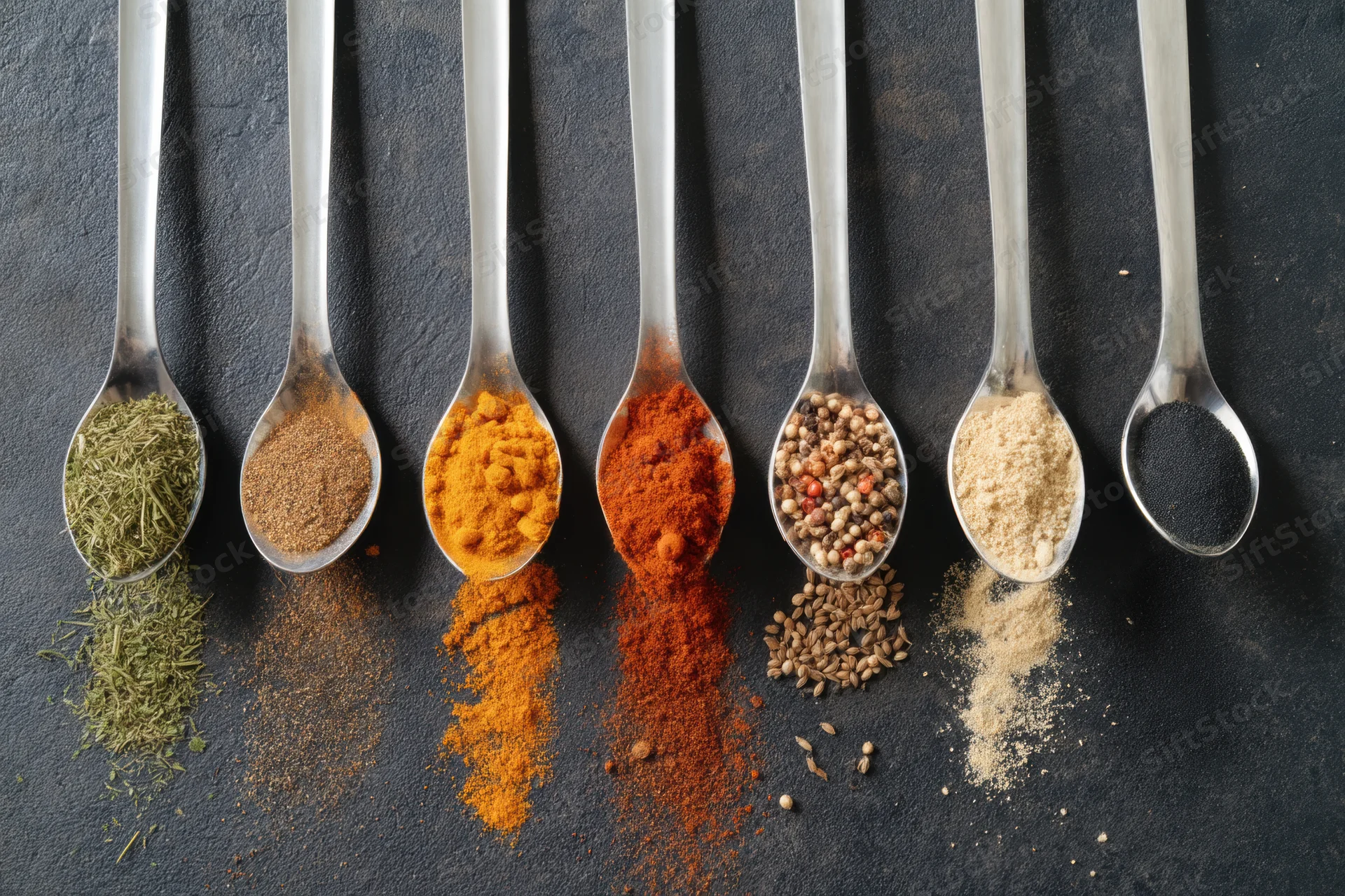 Row of spoons holding various spices and herbs arranged on dark surface