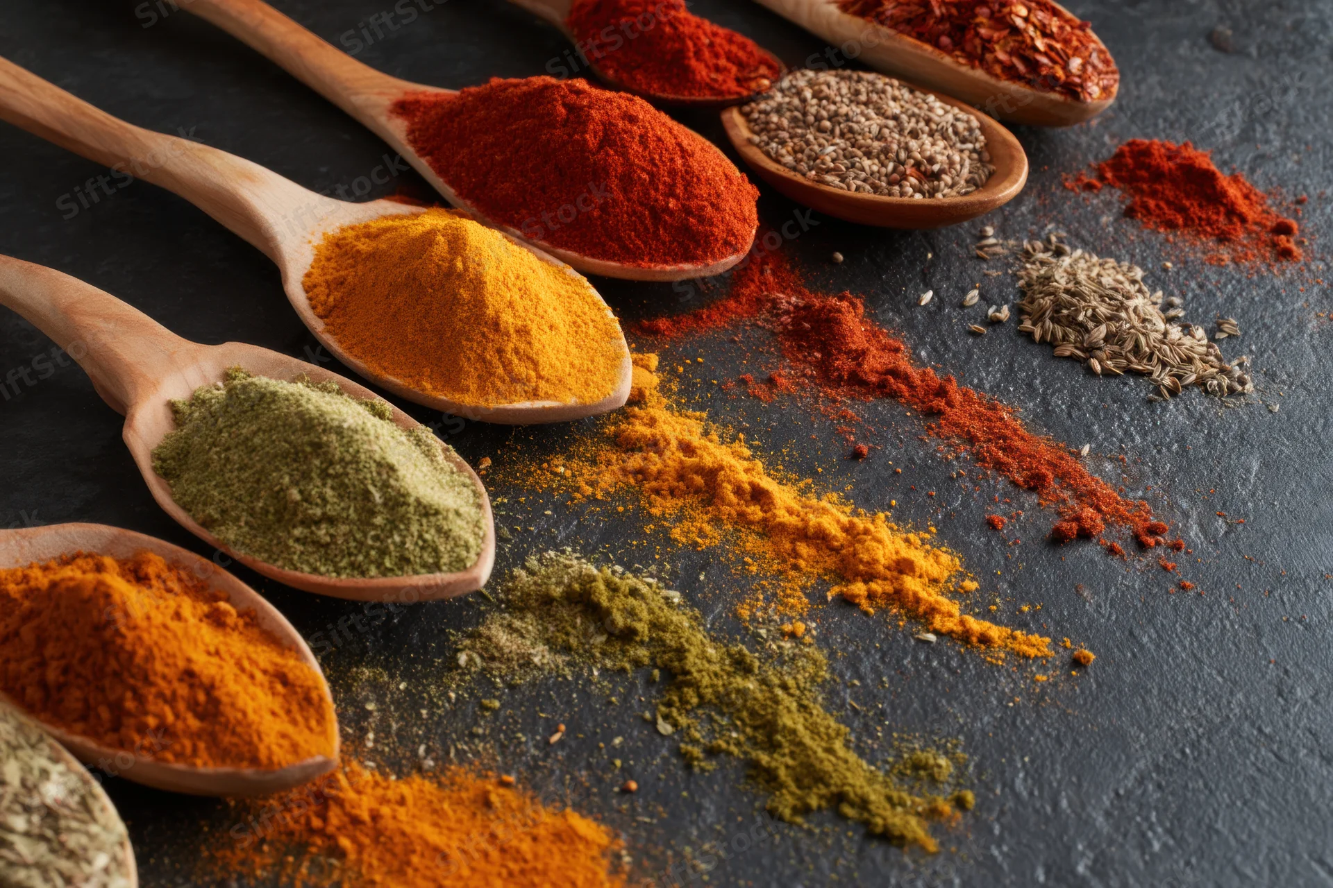 Wooden spoons filled with colorful spices and herbs arranged on dark slate surface