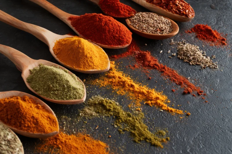 Wooden spoons filled with colorful spices and herbs arranged on dark slate surface