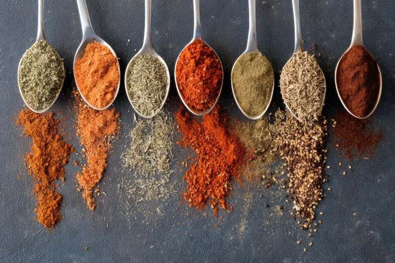 Row of spoons filled with various spices and herbs arranged on dark surface