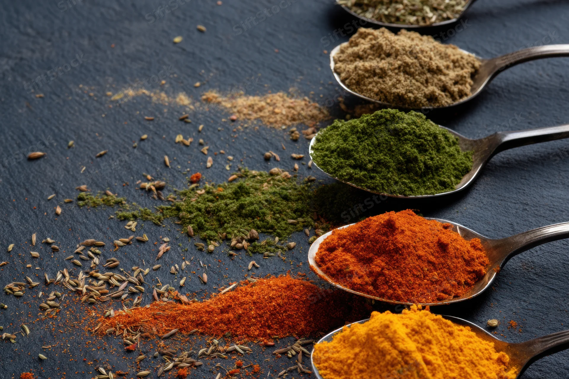 Row of spoons filled with colorful spices and herbs arranged on dark slate surface