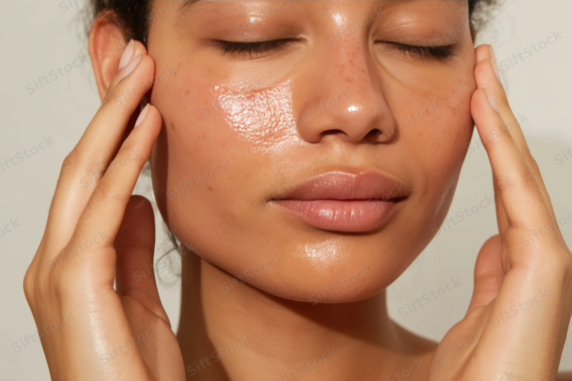Young woman applying moisturizer to her face with hands, eyes closed