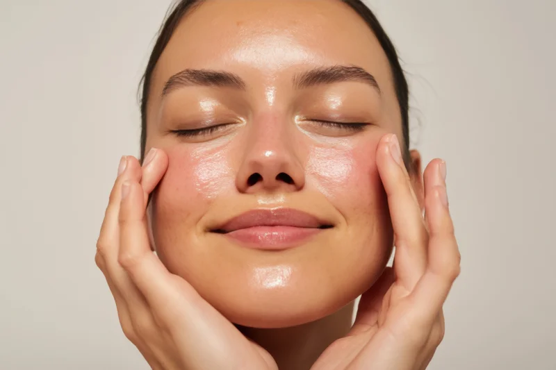 Young woman with closed eyes gently touching her face with hands, showing dewy glowing skin