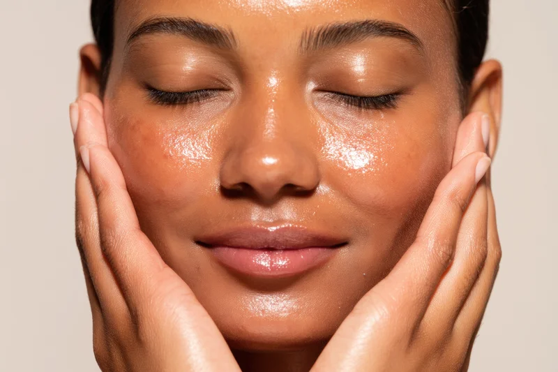 Young woman with closed eyes holding her face gently, skin glowing with moisture