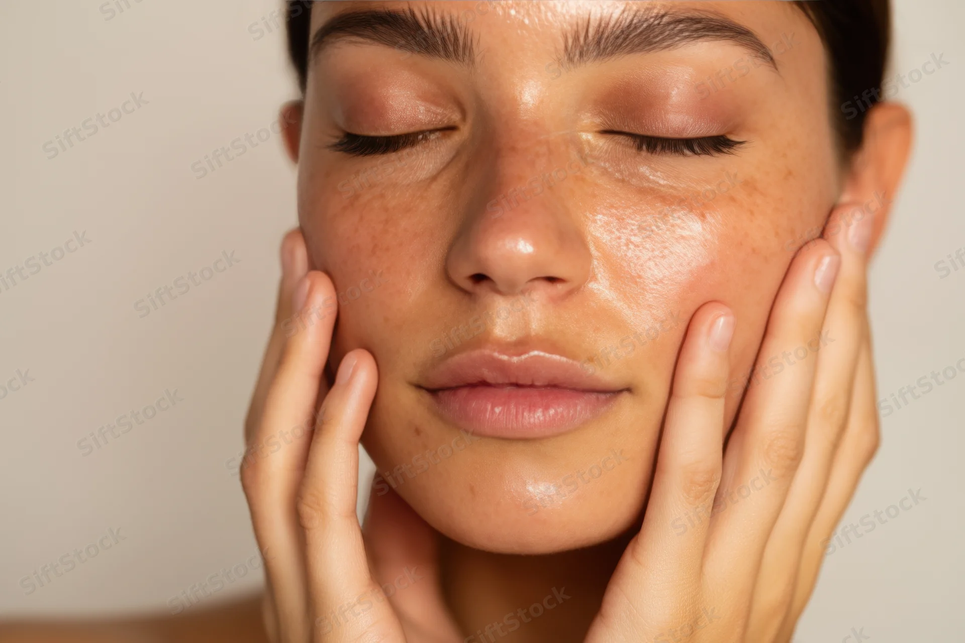 Young woman with closed eyes gently touching her face with hands, showcasing dewy skin and freckles