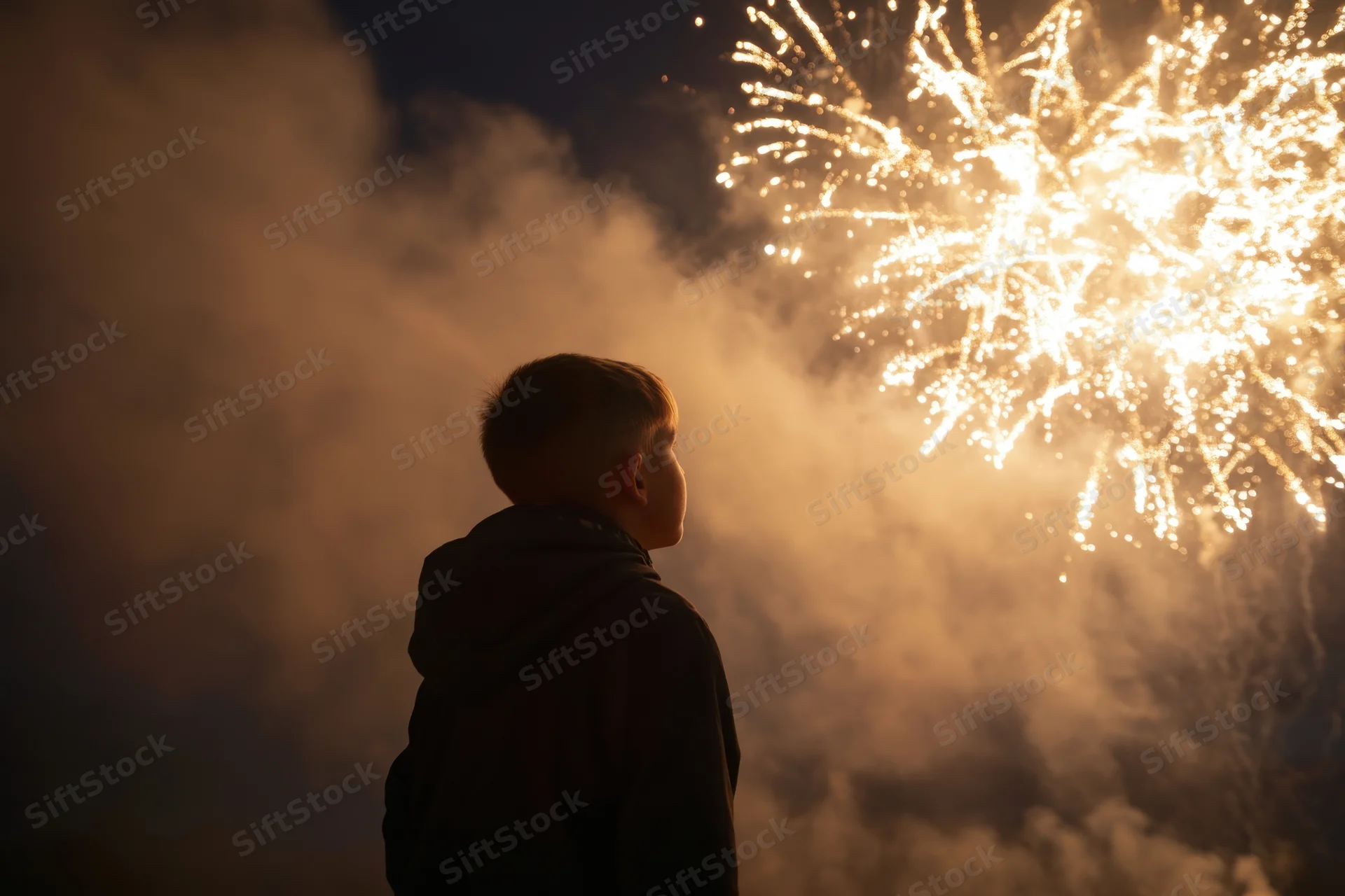 Silhouette of a boy watching fireworks in the night sky