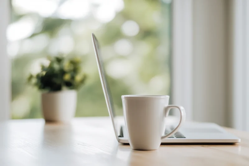 Laptop and white mug on wooden desk by window with plant in background