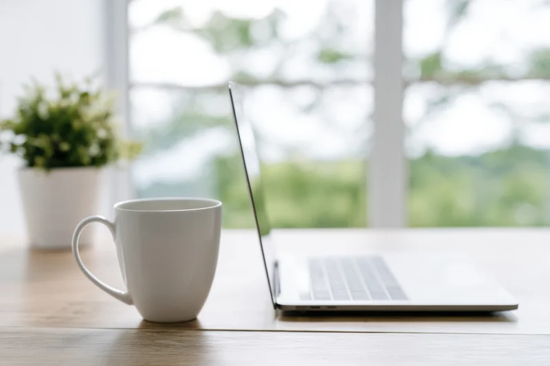 Laptop and white mug on wooden desk by window with plant and natural light