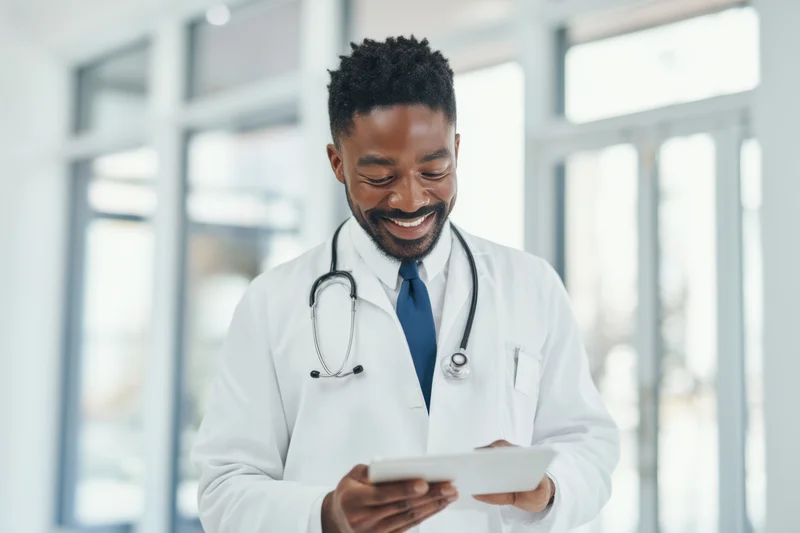 Smiling black male doctor in white lab coat holding tablet in bright clinic interior