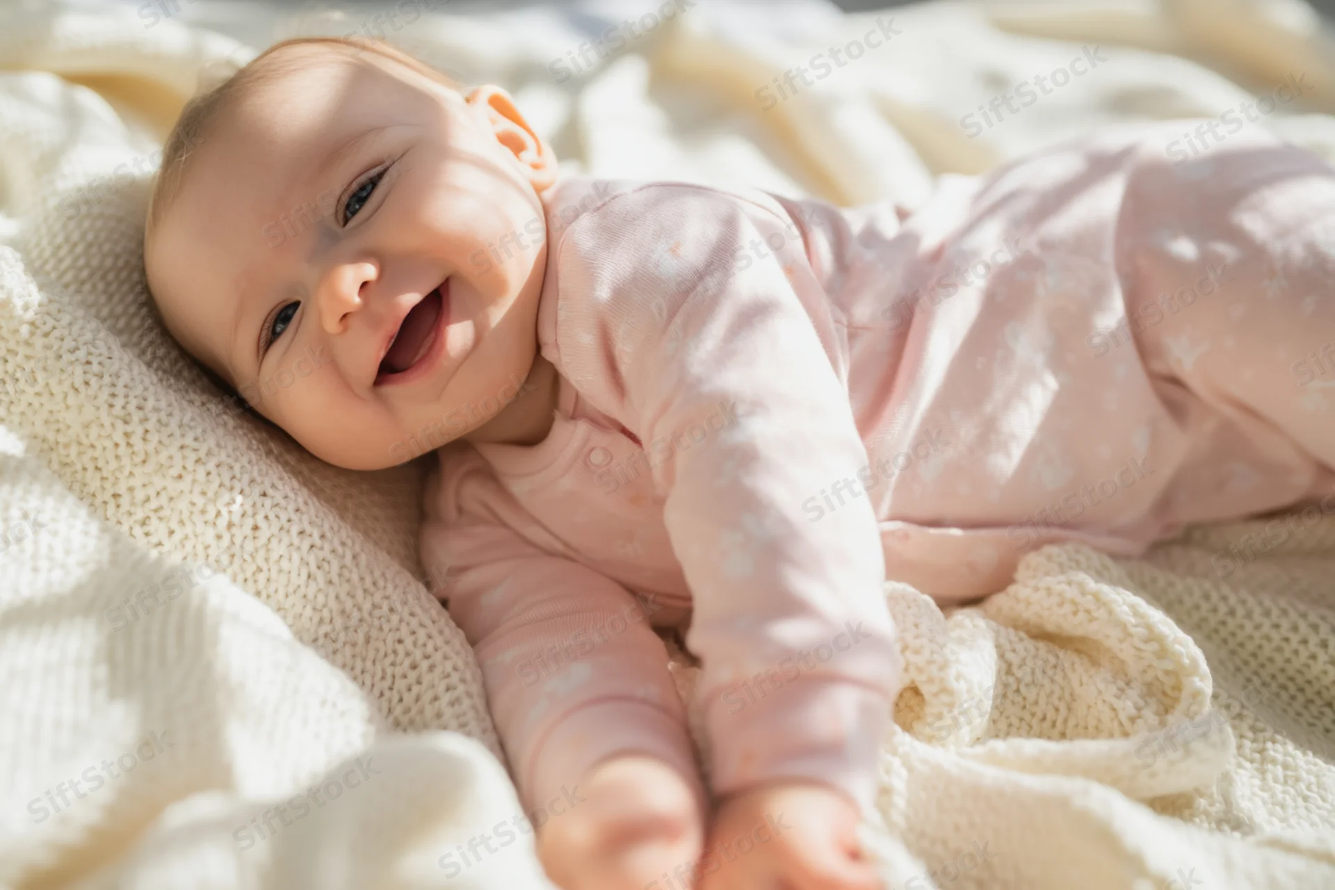 Smiling baby lying on cream knitted blanket wearing pink onesie