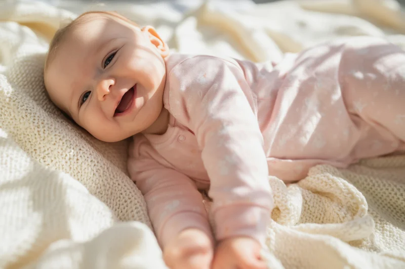 Smiling baby lying on cream knitted blanket wearing pink onesie