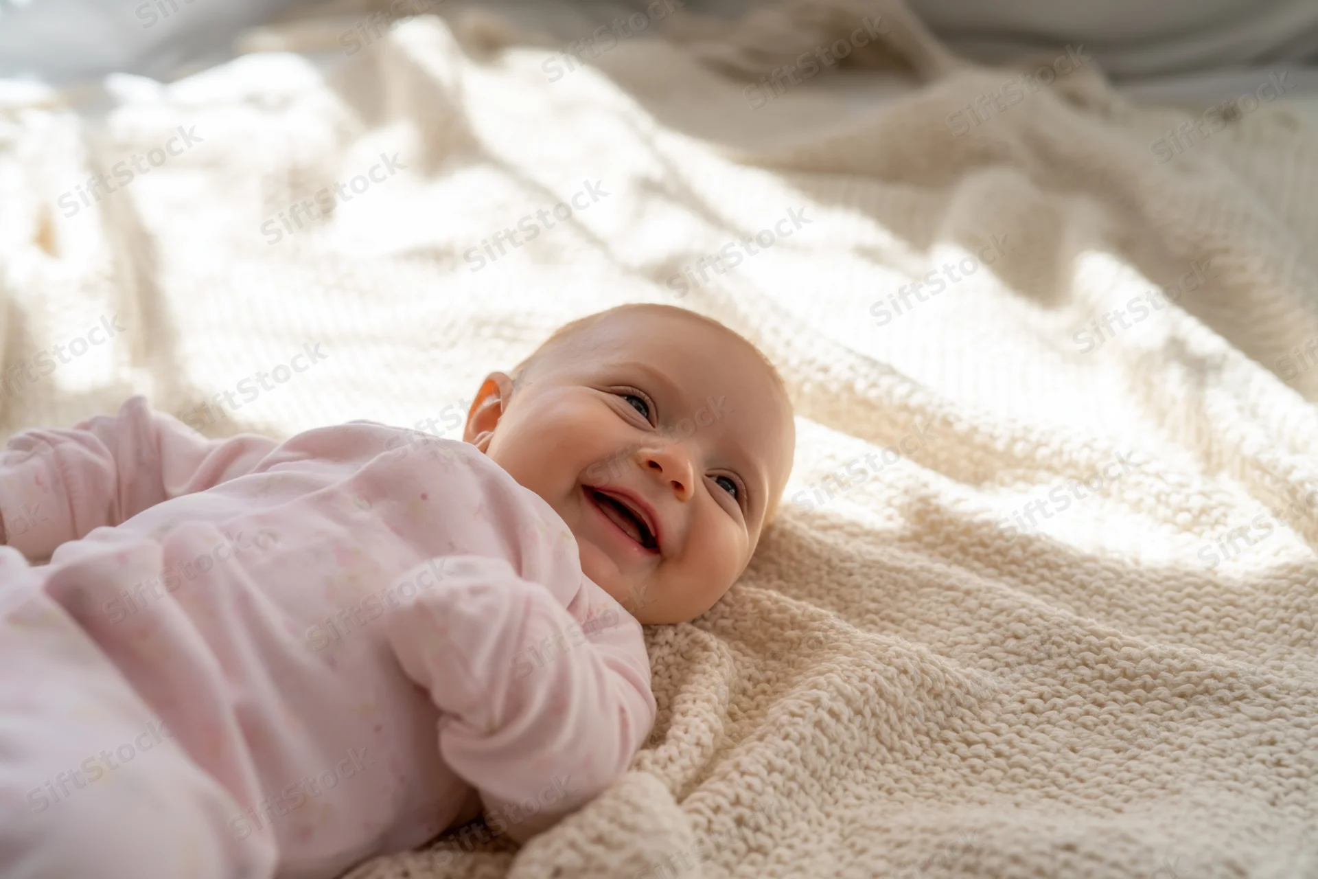 Smiling baby lying on cream knitted blanket in soft sunlight