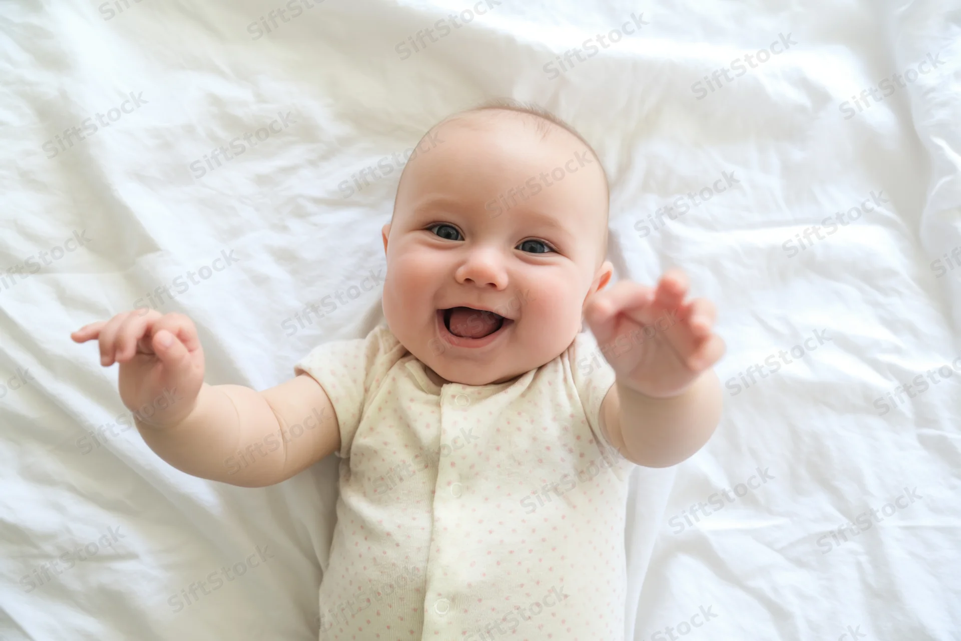 Smiling baby lying on white bed sheet with arms raised