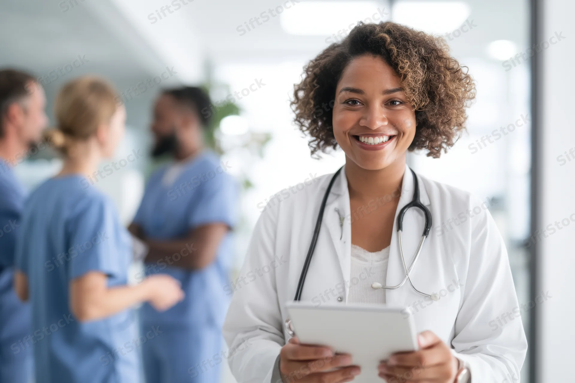 Smiling female doctor in white coat holding tablet in hospital hallway with medical staff in background