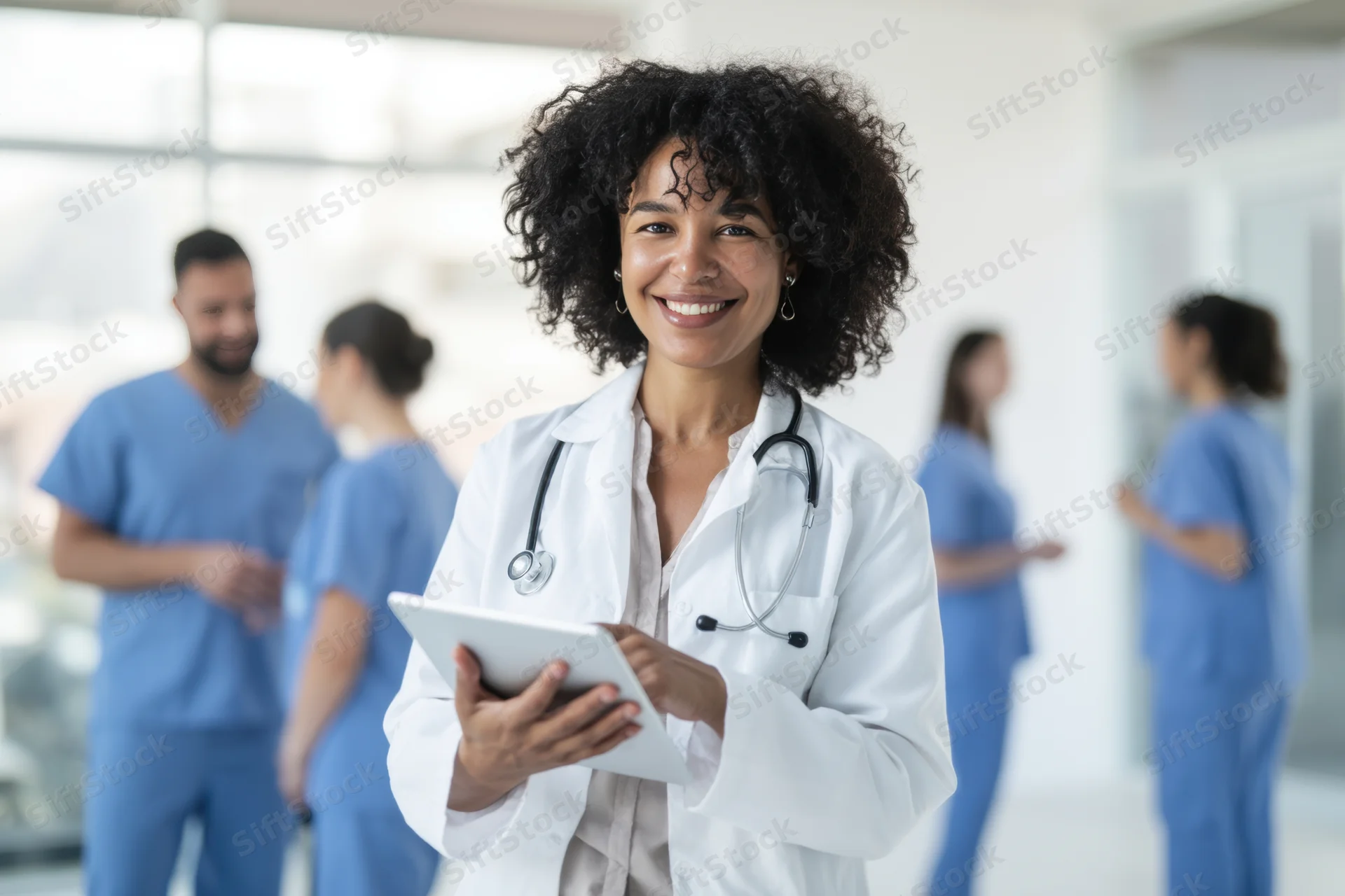 Smiling female doctor in white coat holding tablet in hospital setting with medical staff in background