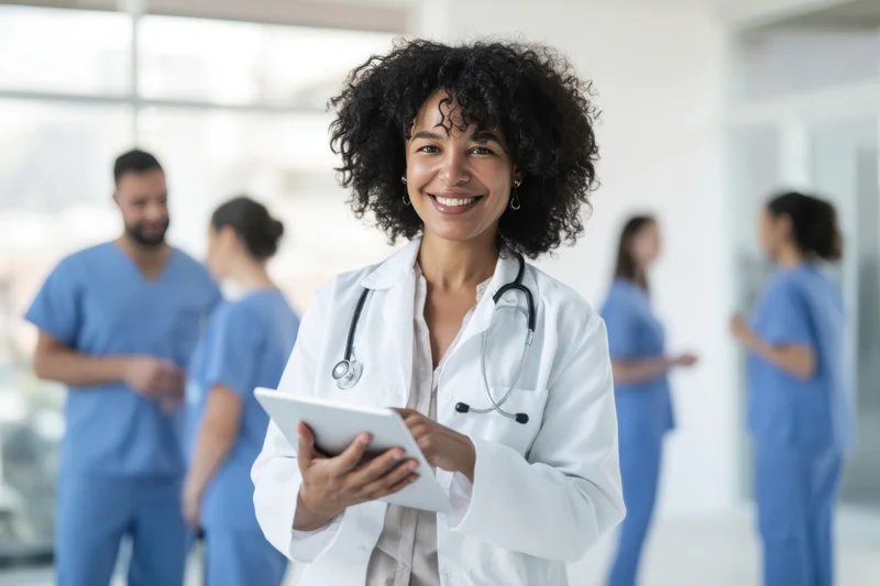 Smiling female doctor in white coat holding tablet in hospital setting with medical staff in background
