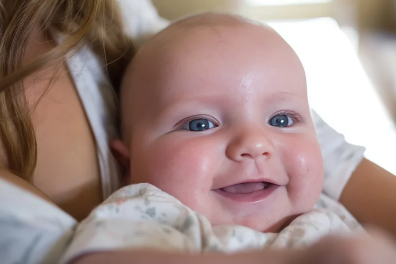 Smiling baby held in mother's arms close-up indoors