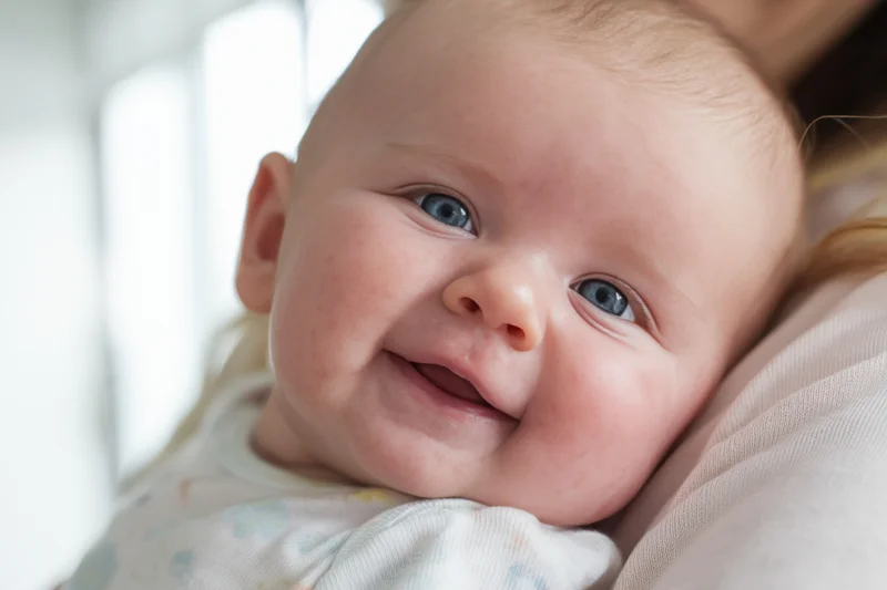 Smiling infant held in caregiver's arms close-up indoors