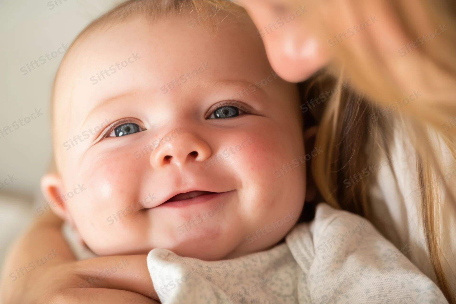 Smiling baby held in caregiver’s arms close-up